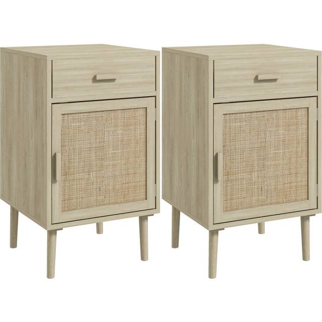 HOMCOM Bedside Tables Set of 2 with Drawer Cabinet Adjustable Shelf Natural