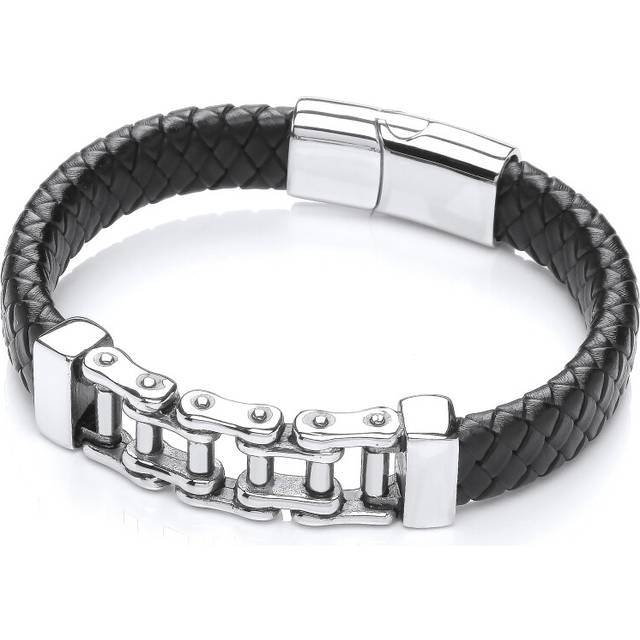 Jewelco London Mens Black Leather Stainless Steel Flat Plain Weave Bicycle Chain Strap Bracelet 12mm 8 inch - BRC188