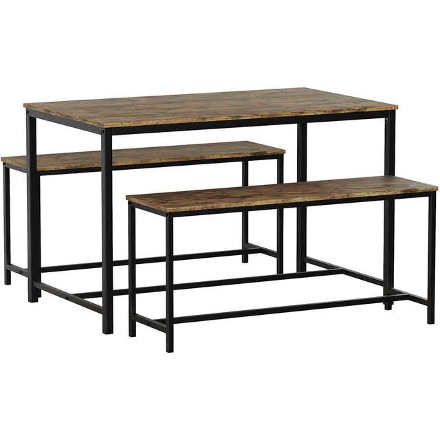 Vida Designs Brooklyn 4 Seater Dining Table & Bench Set Industrial Style Dining Room Furniture, Dark Wood, Brown