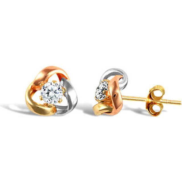 Jewelco London Ladies 9ct Yellow White and Rose Gold White Round Brilliant Cubic Zirconia Love Knot Solitaire Stud Earrings - JES322 - Multicoloured