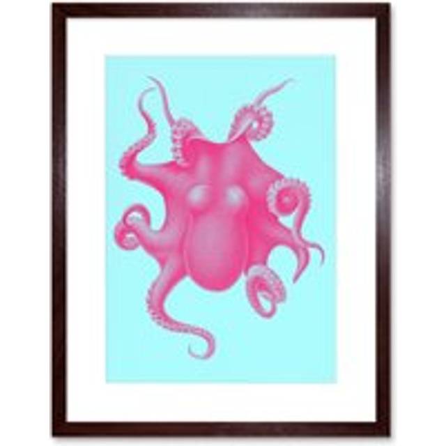 Wall Art Print Pink Octopus Vintage Art Framed 9x7 inch - Brown - W7 inch x H9 inch