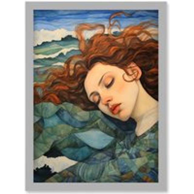 Wall Art Print Dreaming of the Sea Woman Sleeping Egon Schiele Style Watercolour Painting Amber Blue Wave Patterns Artwork Framed A4 - Grey - A4