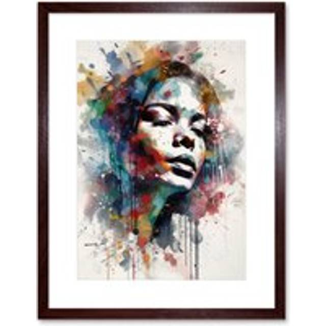 Wall Art Print Woman with Synesthesia Listening to Music Modern Paint Splatter Painting Artwork Framed 9X7 Inch - Brown - W7 inch x H9 inch