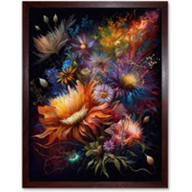 Wall Art Print Wildflower Bouquet Pink Blue Orange Floral Art Framed - Brown - W12 inch x H16 inch
