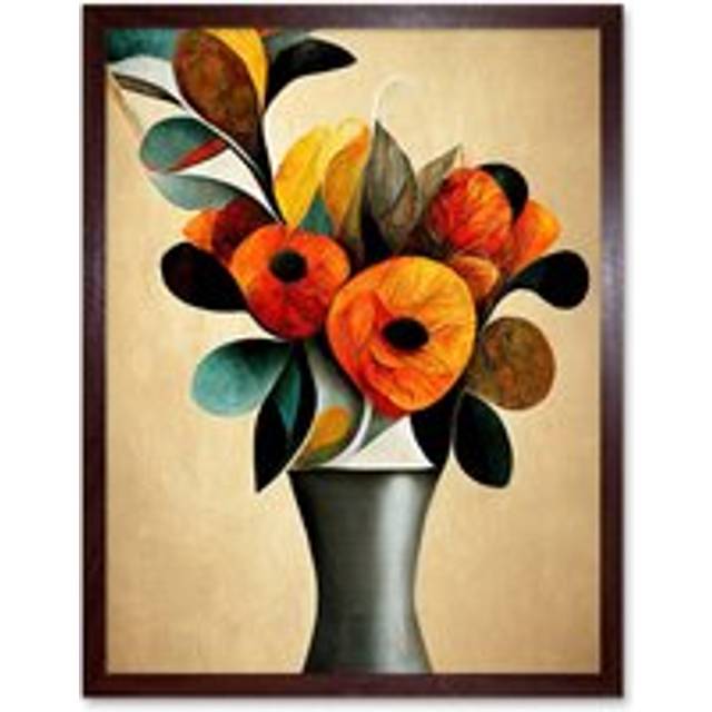 Wall Art Print Abstract Autumn Field Flower Bouquet Silver Vase Orange Art Framed - Brown - W12 inch x H16 inch
