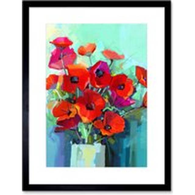 Wall Art Print Flowers Red Bouquet Vase Art Framed 9x7 inch - Black - W7 inch x H9 inch