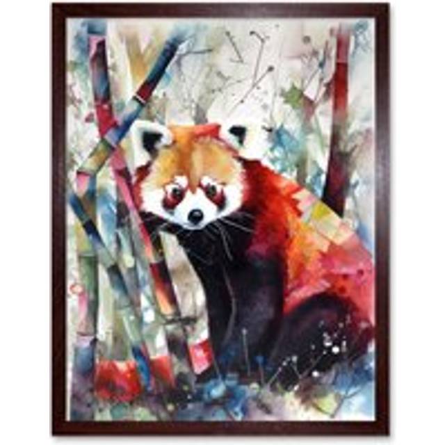 Wall Art Print Red Panda In Bamboo Forest Folk Art Framed - Brown - W12 inch x H16 inch