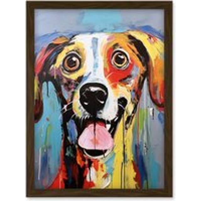 Wall Art Print Colourful Dog Portrait Artwork by Jason Brydson Happy Face Oil Painting Bold Bright Vibrant Artwork Framed A4 - Brown - A4