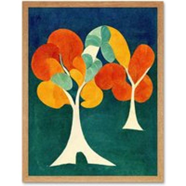 Wall Art Print Minimalistic Henri Matisse Style Autumn Fall Trees Abstract Art Framed - Tan - W12 inch x H16 inch