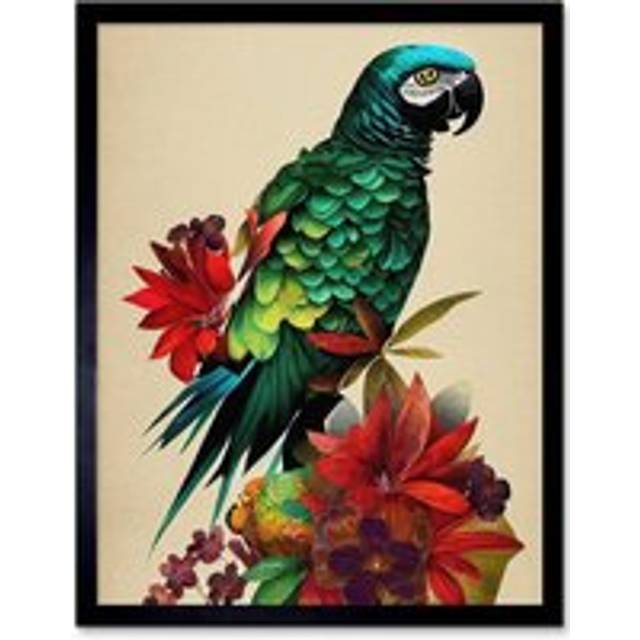 Wall Art Print Exotic Flowers And Feathers Macaw Parrot And Jungle Blooms Art Framed - Black - W12 inch x H16 inch