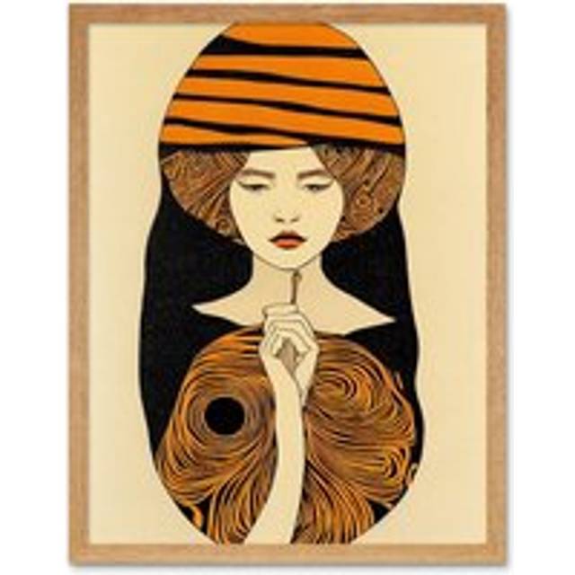 Wall Art Print Woman Portrait Retro Mid Century Modern Art Nouveau Art Framed - Tan - W12 inch x H16 inch