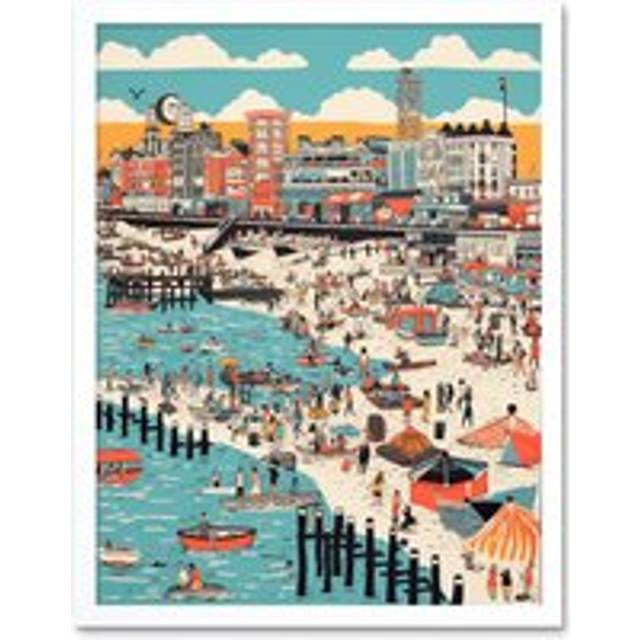 Wall Art Print Brighton Beach Warm Summer Day Colourful Scene Art Framed - White - W12 inch x H16 inch