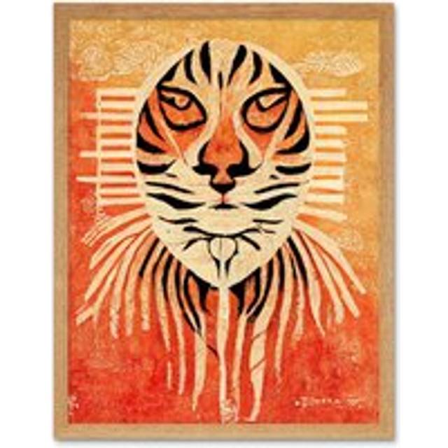 Wall Art Print Modern Abstract Painting Quirky Tiger Warm Orange Art Framed - Tan - W12 inch x H16 inch