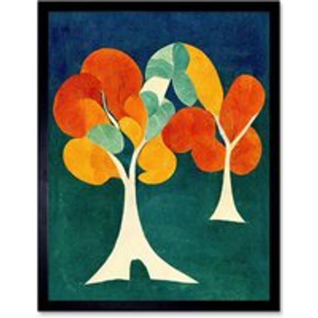 Wall Art Print Minimalistic Henri Matisse Style Autumn Fall Trees Abstract Art Framed - Black - W12 inch x H16 inch