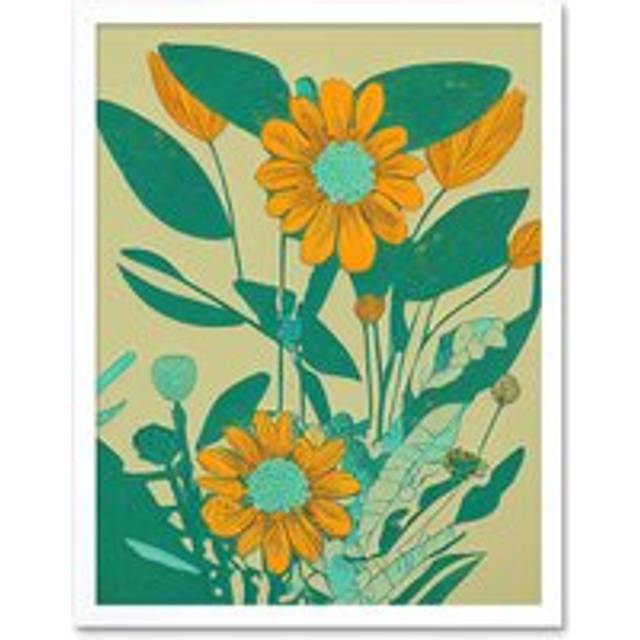 Wall Art Print Yellow Flower Painting Turquoise Colourful Bold Art Framed - White - W12 inch x H16 inch