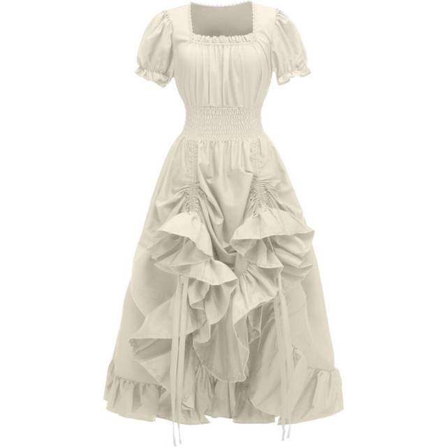 (Khaki, S) Medieval Womens Gown Square Collar Irish Retro Pastoral Cosplay Costume Cosplay