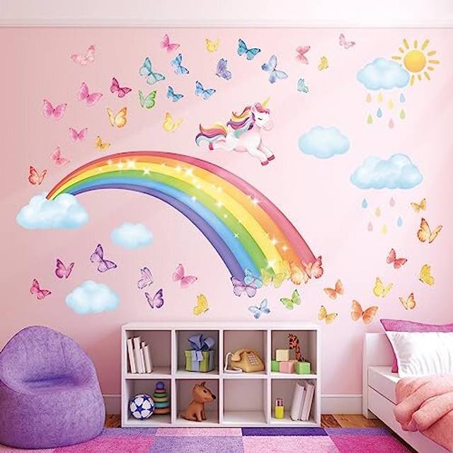 SG2-2309 Rainbow Wall Decals Unicorn Rainbow Butterflies Clouds Wall Stickers Baby Nursery Girls Bedroom Living Room Wall DÃ©cor