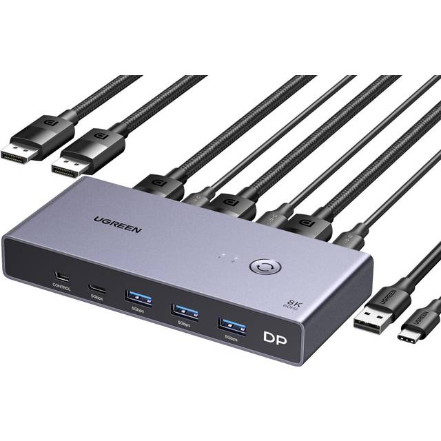 UGREEN 8K@60Hz Displayport KVM-switch, DP 1,4 KVM-switch, KVM-switch 2 st 1 monitor, 4K@240 Hz, 4-port USB-switch, KVM-switch USB C, 4-port USB-switch av tangentbord, mus, hårddisk, skrivare och