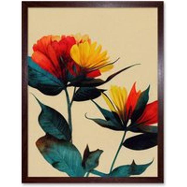 Wall Art Print Botanical Bold Flowering Yellow Red Teal Art Framed - Brown - W12 inch x H16 inch