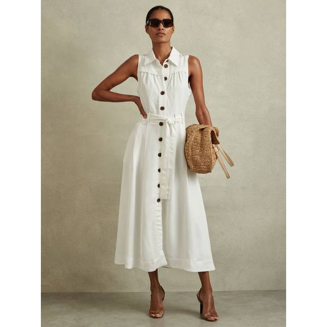 Reiss Womens White Heidi Button-down Belted-waist Woven Midi Dress 4 - WHITE