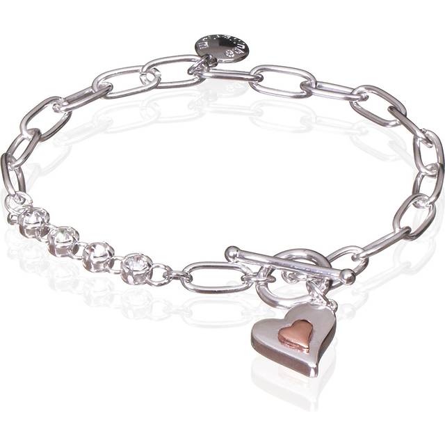 Equilibrium Silver &amp; Rose Gold Plated Polished Two Tone Heart T-Bar Bracelet