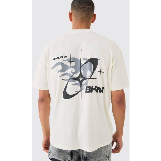 Oversized Boxy Extended Neck BHM Flame Back Print T-shirt - Cream - XS