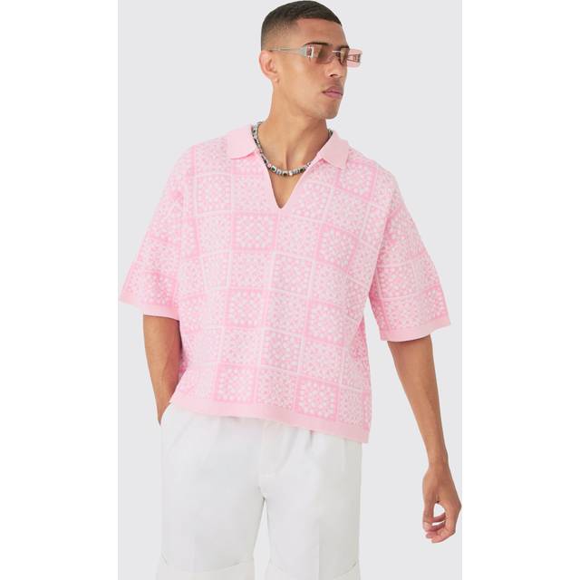 Oversized Boxy Crochet Knitted Polo - Pink - XS