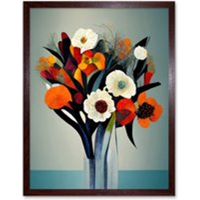 Wall Art Print Modern Abstract Winter Flower Floral Bouquet Orange Yellow Blue White Acrylic Paint Art Framed - Brown - W12 inch x H16 inch
