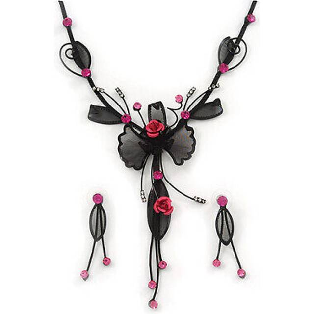 Exquisite y-shape magenta rose necklace & drop earring set in black metal