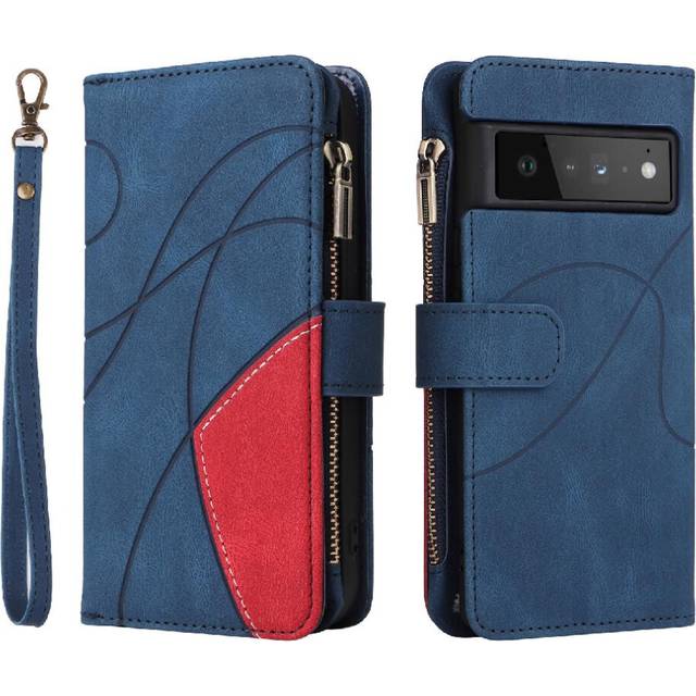 (Blue) Case For Google Pixel 6 Pro With Card Slot Stand Nine Card Slots Zipper Wallet Style Two-color Stitching Kickstand Protective
