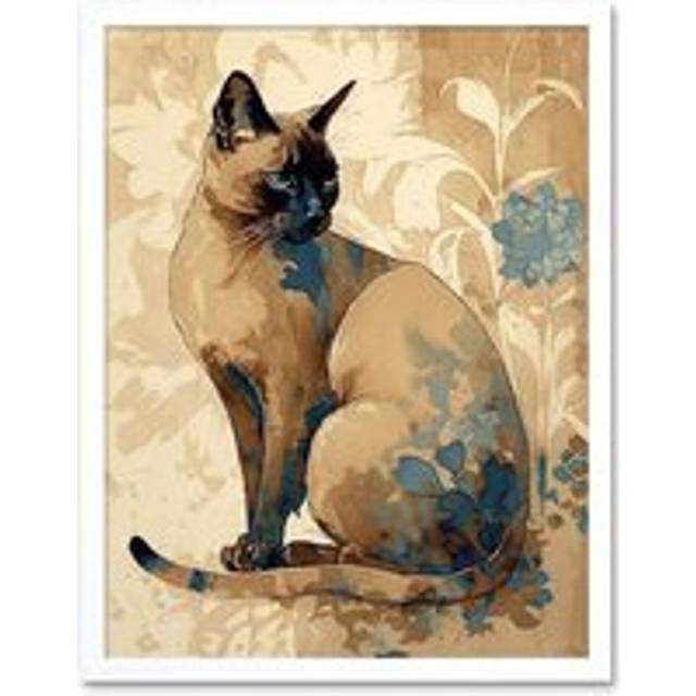 Wall Art Print Tonkinese Cat with Blue Flower Modern Watercolour Art Framed - White - W12 inch x H16 inch