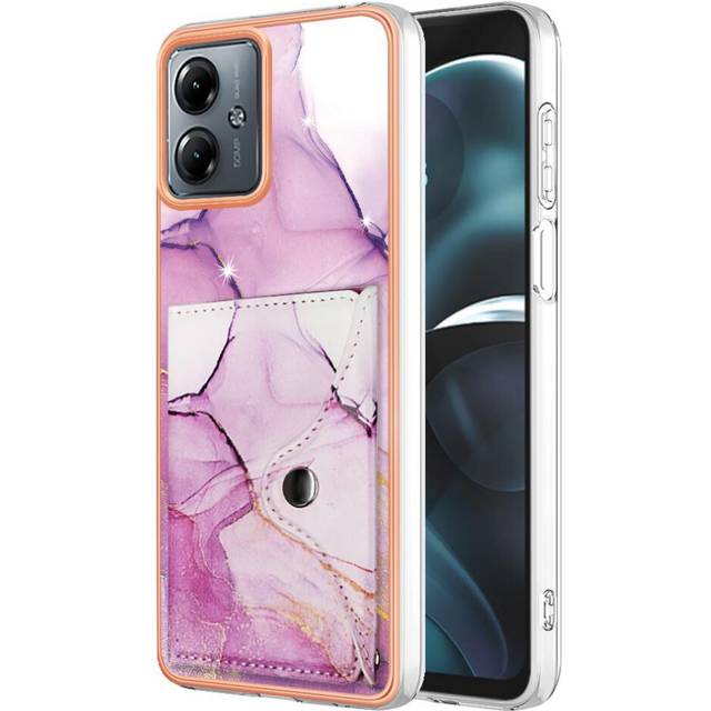 (Rose red ) Case for Motorola Moto G14 Soft Tpu Bumper Marble Card Slots Slim Wallet