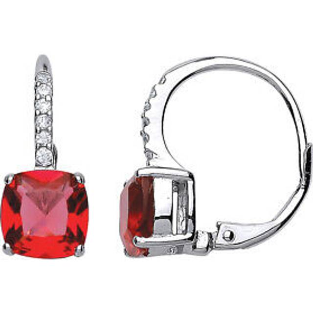 Jewelco London Ladies Sterling Silver Ruby-Red Cushion Cubic Zirconia Pave Drop Earrings - GVE462