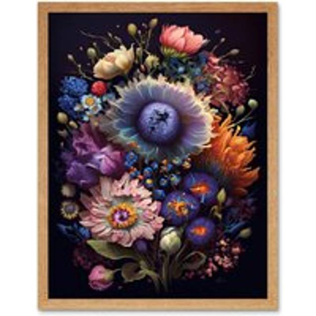 Wall Art Print Flower Bouquet Purple Pink Orange Floral Art Framed - Tan - W12 inch x H16 inch