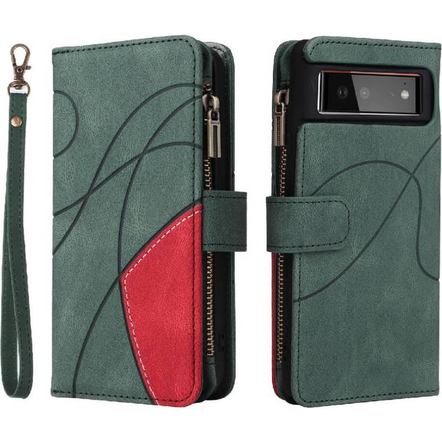 (Green) Case For Google Pixel 6 Two-color Stitching With Card Slot Stand Kickstand Protective Zipper Wallet Style Nine Card Slots
