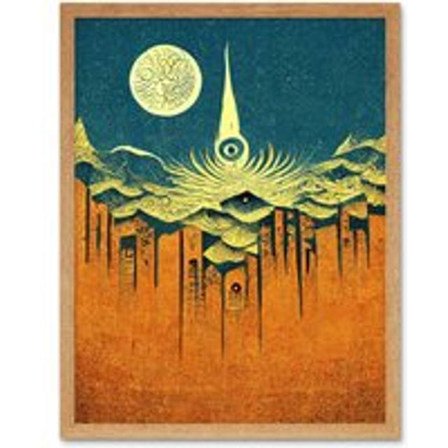 Wall Art Print Conceptual Abstract Gold Landscape Full Moon Linocut Art Framed - Tan - W12 inch x H16 inch
