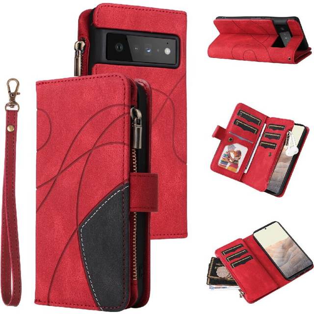 (Red) Case For Google Pixel 6 Pro With Card Slot Stand Nine Card Slots Zipper Wallet Style Two-color Stitching Kickstand Protective
