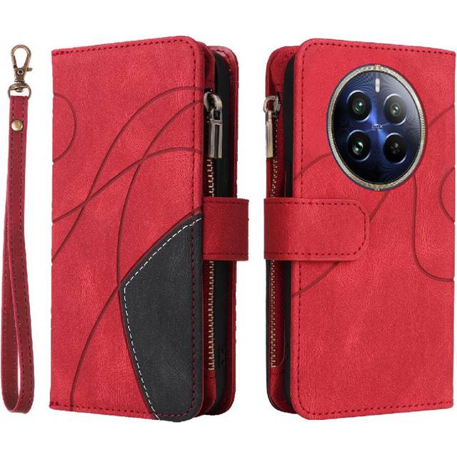 (Red) Case For Realme 12 Pro Plus Kickstand Protective With Card Slot Stand Zipper Wallet Style Nine Card Slots Two-color Stitching