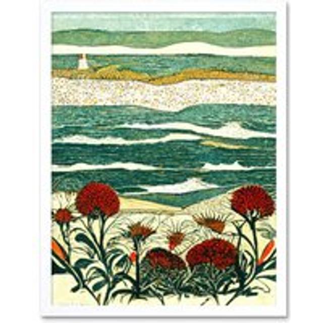 Wall Art Print Floral Shoreline Coastal Landscape Summer Seaside Art Framed - White - W12 inch x H16 inch