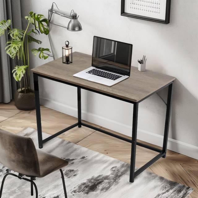 Computer Desk Rustic Light Brown Top with Black Metal Frame