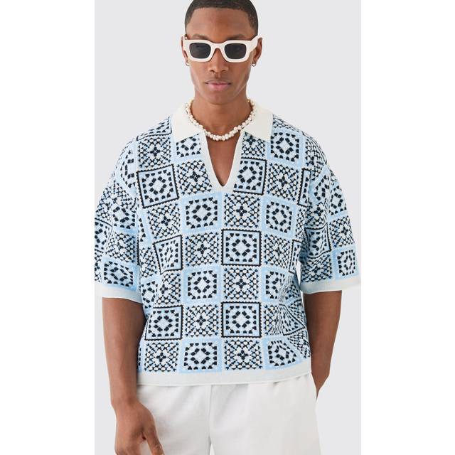 Oversized Boxy Crochet Knitted Polo - White - XL