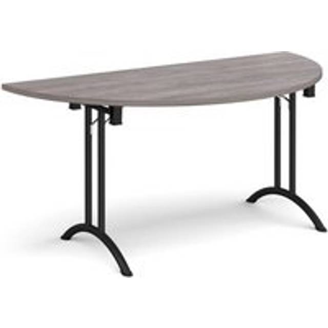 Semi circular folding leg table with black legs and curved foot rails 1600mm x 800mm - grey oak