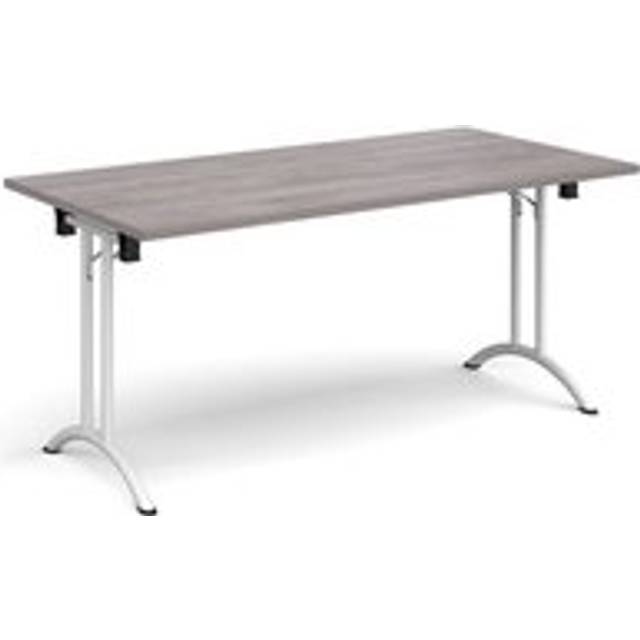 Rectangular folding leg table with white legs and curved foot rails 1600mm x 800mm - grey oak