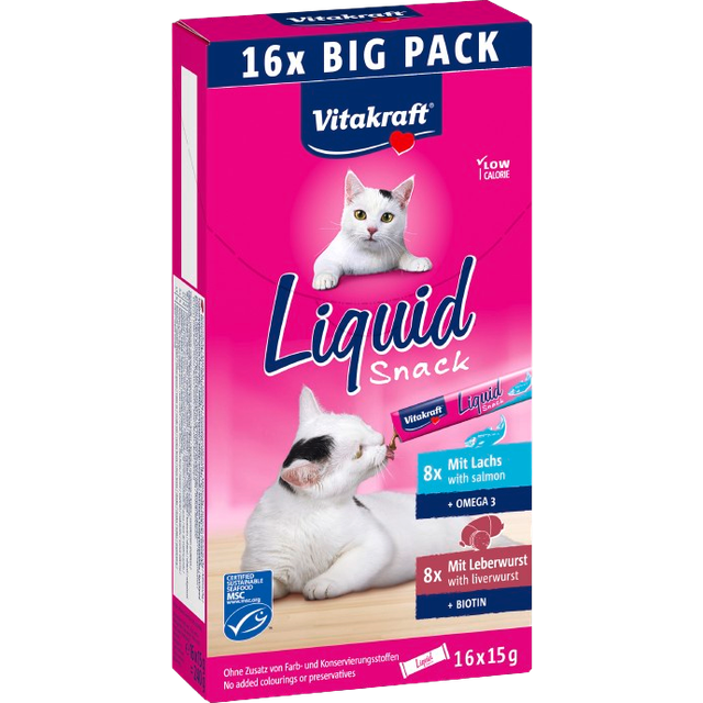 Vitakraft Liquid Snack med leverkorv och lax för katt multipack (16x15 g). Förpackning: 1 förpackning