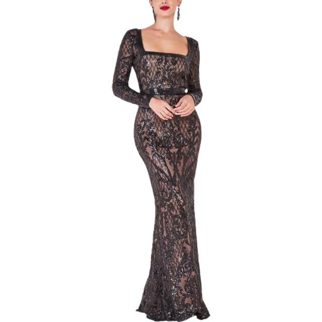Goddiva Sequin Square Neck Maxi With Scallop Hem - Black - 16