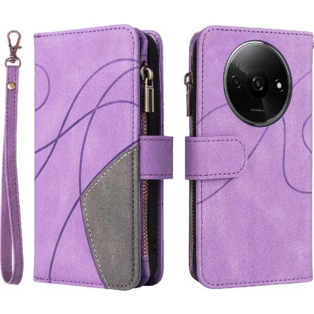 (Purple) Case For Xiaomi Redmi A3 Nine Card Slots With Card Slot Stand Kickstand Protective Two-color Stitching Zipper Wallet Style