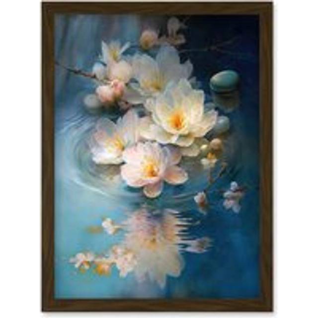 Fallen Cherry Blossom Flower Water Ripples Modern Watercolour Painting Artwork Framed Wall Art Print A4 - Brown - One Size