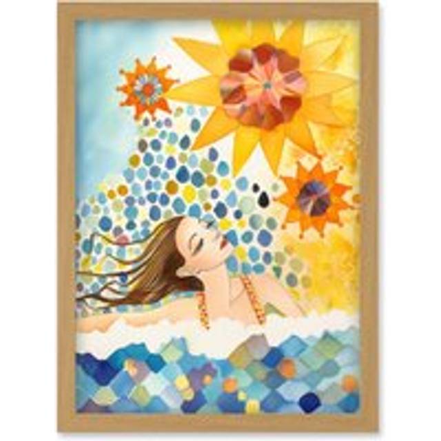 Abstract Sea Swimming Folk Art Bathroom Artwork Framed Wall Art Print A4 - Tan - One Size
