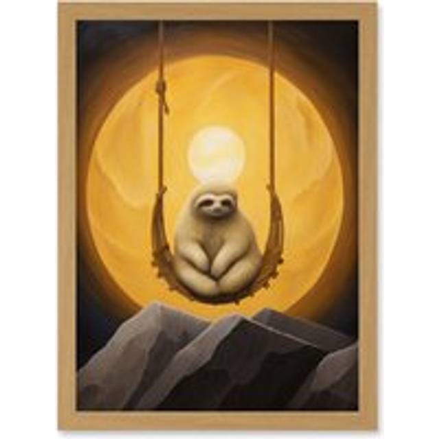Wall Art Print The Lazy Overlord Sloth at Full Moon Abstract Surrealist Painting Artwork Framed A4 - Tan - A4