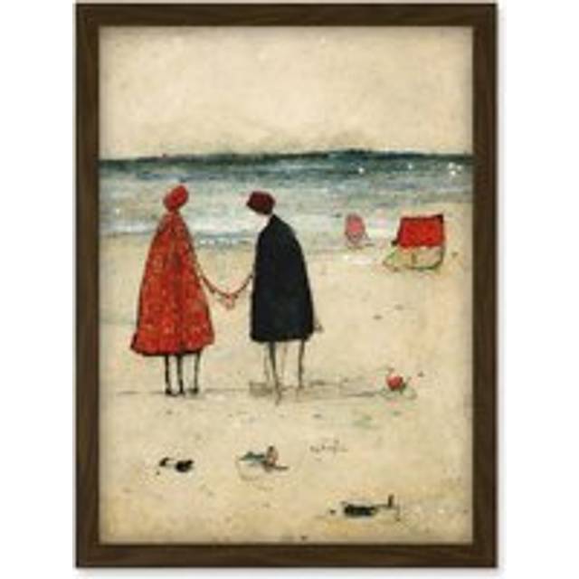 Perfect Day For A Walk Couple Beach Scene Artwork Framed Wall Art Print A4 - Brown - One Size